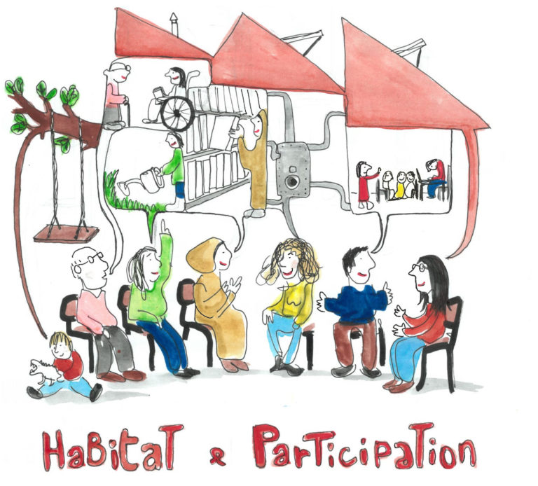 dessin : des personnes parlent de leur idéed de co-habitation